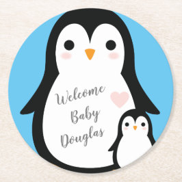 Niedliche Pinguin Baby Dusche Blue Boy Runder Pappuntersetzer