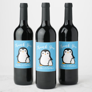 Niedliche Pinguin Baby Dusche Blue Boy Weinetikett