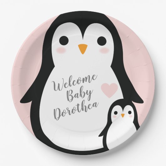 Niedliche Pinguin Baby Dusche Pink Girl Pappteller (Vorderseite)
