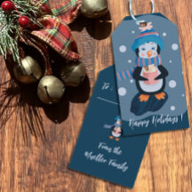 Niedliche Pinguin Blue Holiday Geschenketiketten