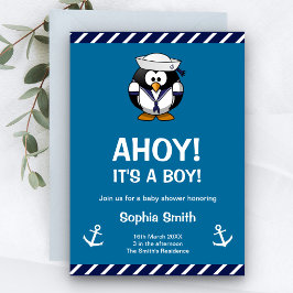 Niedliche Pinguin Blue Nautical Baby Dusche Einlad Einladung