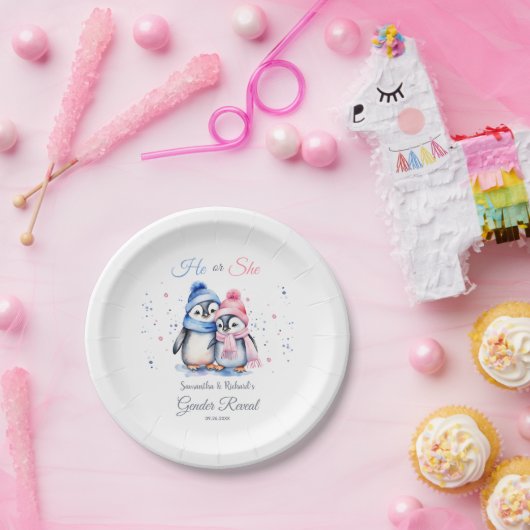 Niedliche Pinguin-Gender-Offenbarung: Er oder sie  Pappteller (Party)