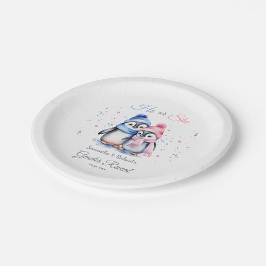 Niedliche Pinguin-Gender-Offenbarung: Er oder sie  Pappteller (Schrägansicht)