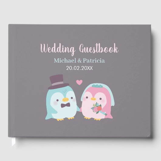 Niedliche Pinguin Groom und Bride Love Birds Hochz Gästebuch (Vorderseite)