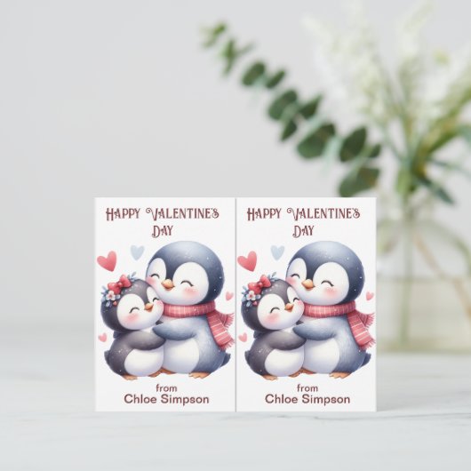 Niedliche Pinguin Kid's Valentine Party-Klassenzim Postkarte (Stehend Vorderseite)