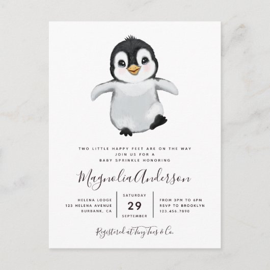 Niedliche Pinguin-Kinderdusche Einladung Postkarte (Vorderseite)