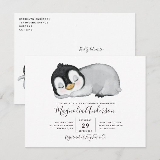 Niedliche Pinguin-Kinderdusche Einladung Postkarte (Vorne/Hinten)