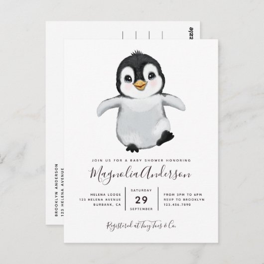 Niedliche Pinguin-Kinderdusche Einladung Postkarte (Vorne/Hinten)