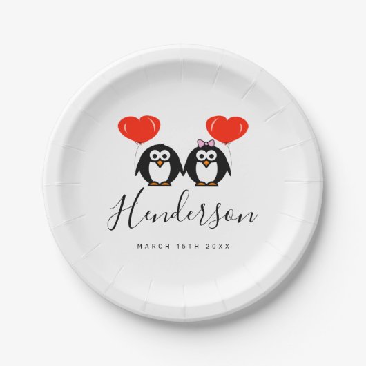 Niedliche Pinguin Pärchen Cartoon Papier Hochzeit  Pappteller (Vorderseite)