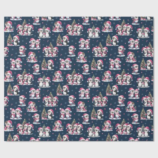 Niedliche Pinguin Pattern Navy Blau und Pink Weihn Geschenkpapier (Flach)