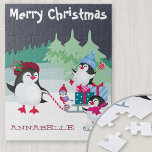 Niedliche Pinguin-Schneeszene - Frohe Weihnachtski Puzzle<br><div class="desc">Personalisiertes Puzzle für Kinder mit niedlicher Pinguin-Schneeszene. Die Vorlage ist für Sie bereit, den Namen Ihres Kindes in den Schnee und Sie können auch frohe Weihnachten bearbeiten, wenn Sie möchten. Das Design besticht durch eine Familie glücklicher Pinguine, die durch den Wald spazieren und einen Schlitten voller Urlaubsgeschenke ziehen. Bezauberndes Design...</div>