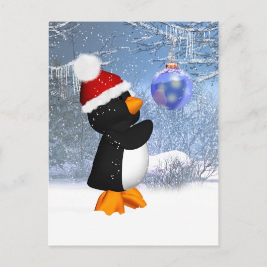 Niedliche Pinguin Winter Postkarte mit Baumdekorat (Vorderseite)