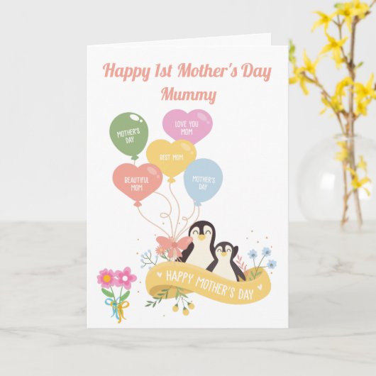 Niedliche Pinguine 1. Muttertag Karte (Gelbe Blume)