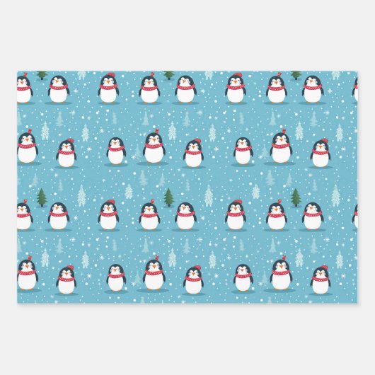 Niedliche Pinguine auf Light Blue mit Schneeflocke Geschenkpapier Set (Vorderseite 2)