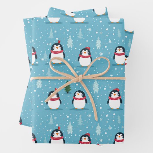Niedliche Pinguine auf Light Blue mit Schneeflocke Geschenkpapier Set (Beispiel)
