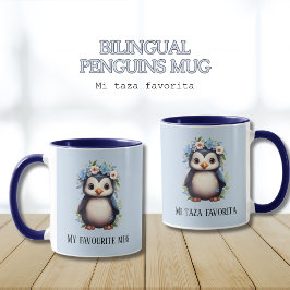 Niedliche Pinguine Blue Custom Bilingual Spanish T Tasse