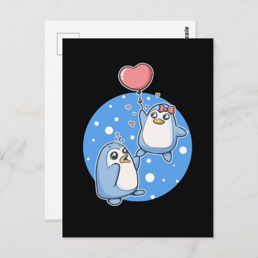 Niedliche Pinguine Couple Heart Balloon Pinguin Postkarte (Vorne/Hinten)
