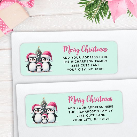 Niedliche Pinguine Familie Frohe Weihnachten Rosa