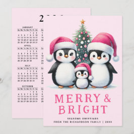 Niedliche Pinguine Familie Merry & Bright Pink Wei Feiertagskarte