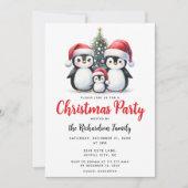Niedliche Pinguine Familienfest Pine Tree Weihnach Einladung (Vorderseite)