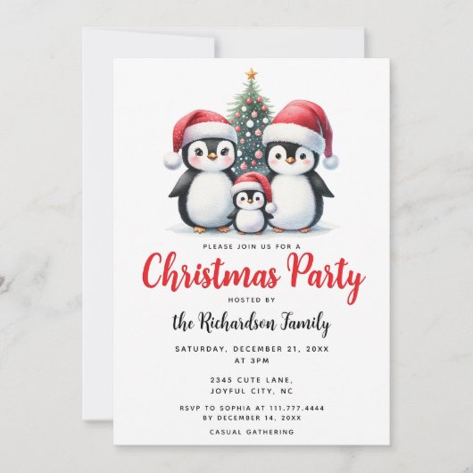 Niedliche Pinguine Familienfest Pine Tree Weihnach Einladung (Vorderseite)