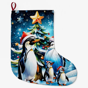 Niedliche Pinguine im fröhlichen Stil des Cartoon, Großer Weihnachtsstrumpf
