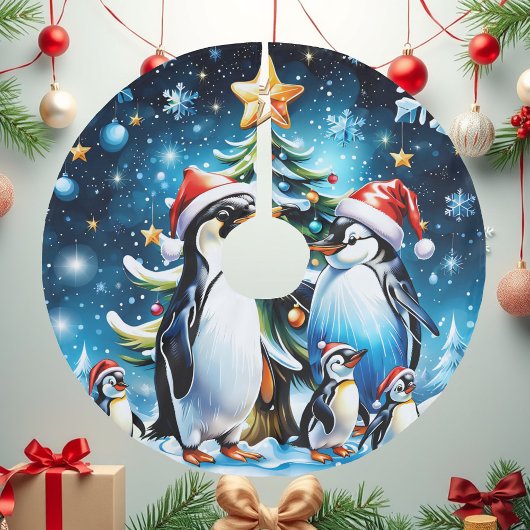 Niedliche Pinguine im fröhlichen Stil des Cartoon, Polyester Weihnachtsbaumdecke