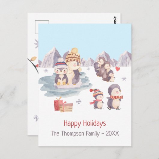 Niedliche Pinguine im Schnee - Happy Holidays Postkarte (Vorne/Hinten)