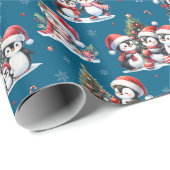 Niedliche Pinguine in Red Hats Blue Christmas Geschenkpapier (Rolleneckpunkt)