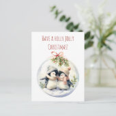 Niedliche Pinguine in Winterhütten teilen sich ein Postkarte (Stehend Vorderseite)