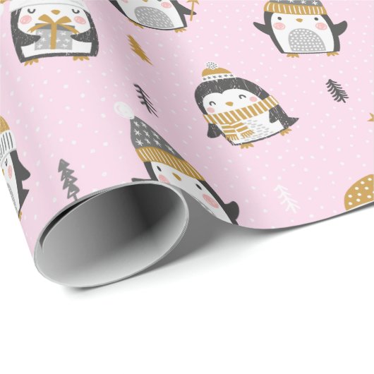 Niedliche Pinguine mit Bäumen, Schnee und Geschenk Geschenkpapier (Rolleneckpunkt)