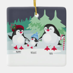 Niedliche Pinguine mit Familiennamen von 3 Jahren Keramikornament