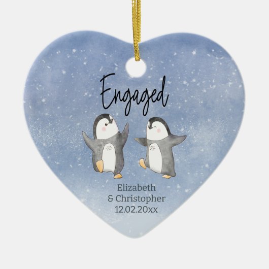 Niedliche Pinguine Mit Monogramm Verlobt Keramik Ornament (Vorne)