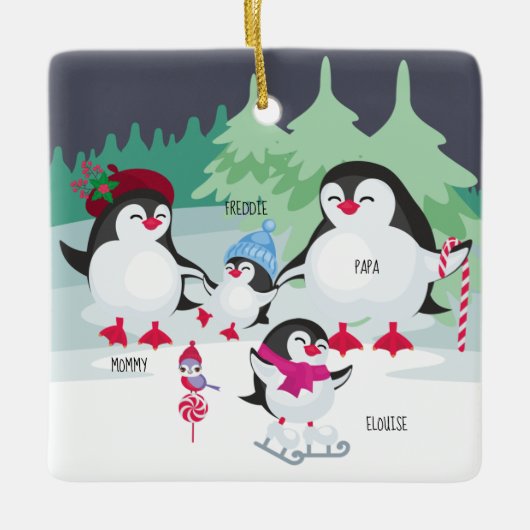 Niedliche Pinguine mit Namen für 4 Familienmitglie Keramikornament (Vorderseite)