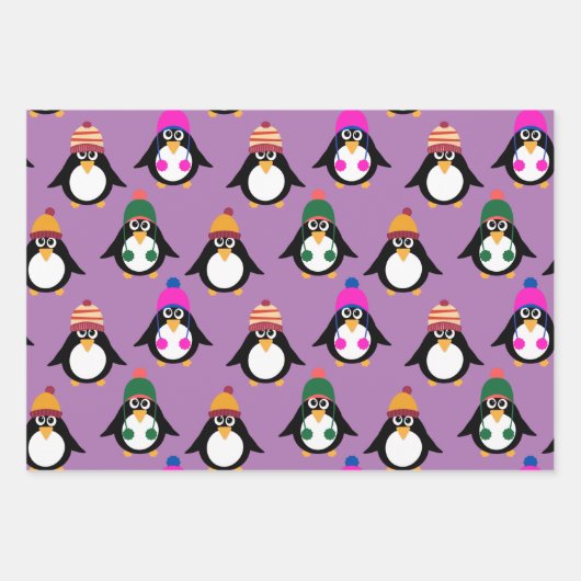 Niedliche Pinguine mit Winterhüten Geschenkpapier Set (Vorderseite)