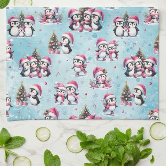 Niedliche Pinguine Muster Blau und Rosa Weihnachte Geschirrtuch (Gefaltet)