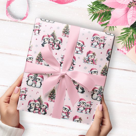 Niedliche Pinguine Muster Pink Weihnachten Geschenkpapier