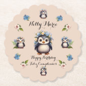 Niedliche Pinguine Name Bilingual Feliz Cumpleaños Untersetzer (Vorderseite)