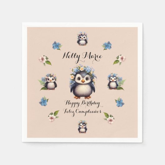 Niedliche Pinguine Name Bilingualer Text Feliz Cum Serviette (Vorderseite)