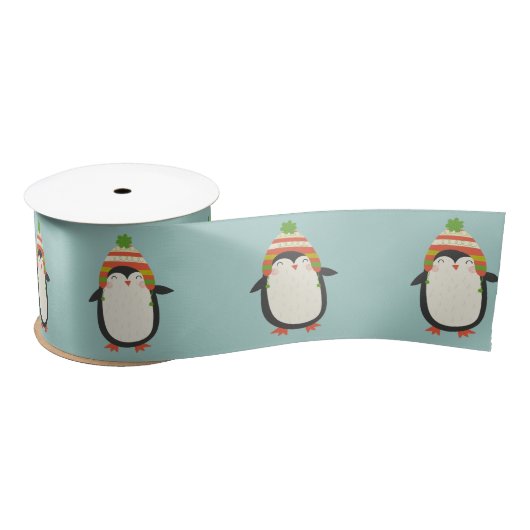 Niedliche Pinguine Pattern - Aqua Green Christmas Satinband (Spule)