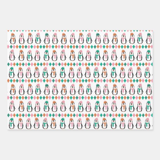 Niedliche Pinguine & Snowman Pink & Aquamarin Geschenkpapier Set (Vorderseite)