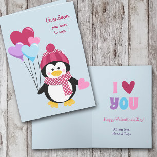 Niedliche Pinguine und Balloons Grandson Valentine Feiertagskarte
