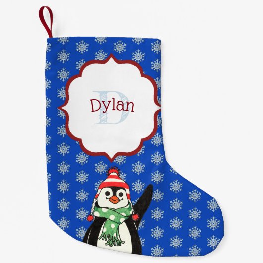 Niedliche Pinguine und Schneeflocken Mit Monogramm Kleiner Weihnachtsstrumpf (Vorderseite)