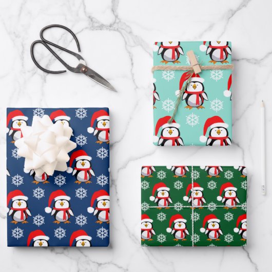 Niedliche Pinguine und Schneeflocken Weihnachten Geschenkpapier Set (Vorderseite)