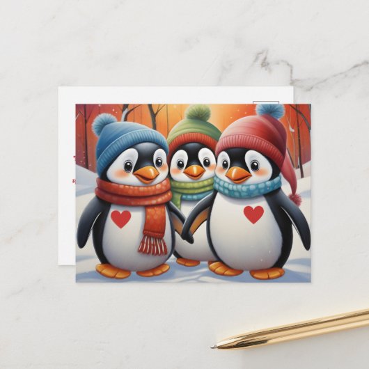 Niedliche Pinguine Weihnachten Postkarte (Vorderseite/Rückseite Beispiel)