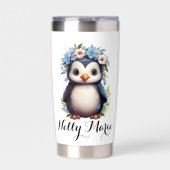 Niedliche Pinguine Weißer Individuelle Name & Init Thermobecher (Vorderseite)