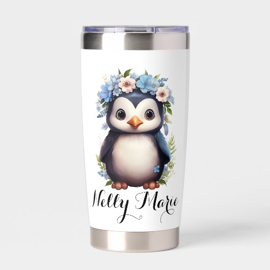Niedliche Pinguine Weißer Individuelle Name & Init Thermobecher (Vorderseite)