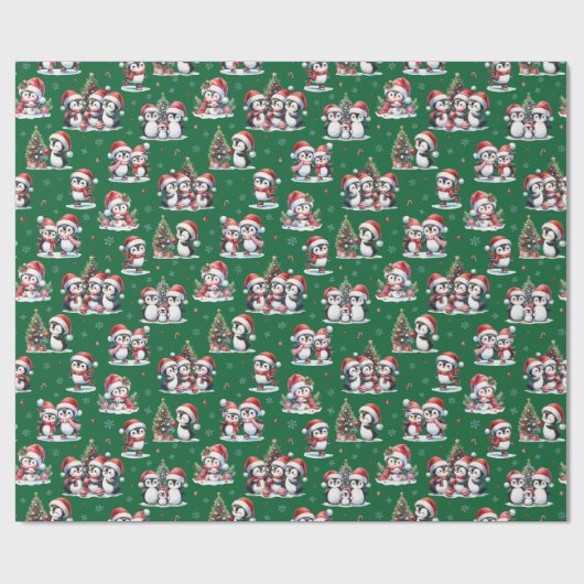 Niedliche Pinguine Winter Grün und Rot Weihnachten Geschenkpapier (Flach)