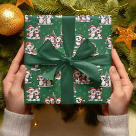 Niedliche Pinguine Winter Grün und Rot Weihnachten Geschenkpapier