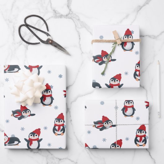 Niedliche Pinguine Wintervögel Arktische Tiere Geschenkpapier Set (Vorderseite)